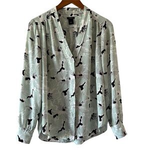 Ann Taylor Factory Floral Mint Green Button-Front Blouse with Black Accents